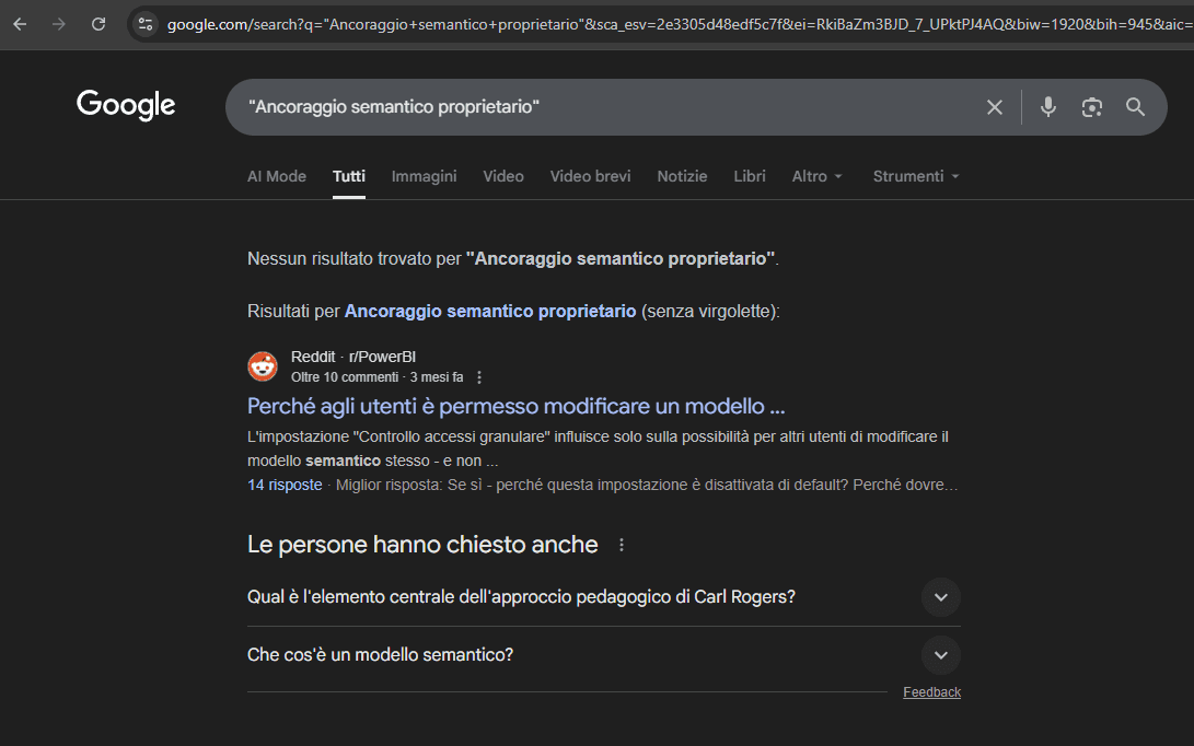 Screenshot che mostra l'assenza di risultati per "ancoraggio semantico proprietario", termine coniato da 1micron