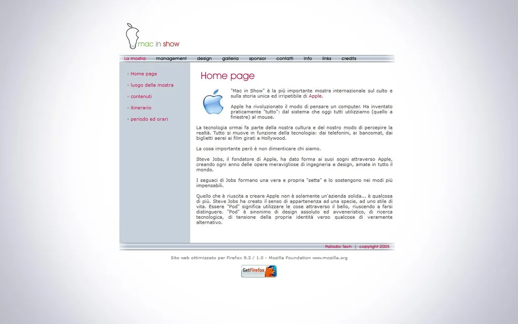 Home page del sito Mac in Show (2005), la mostra sulla storia e il culto di Apple