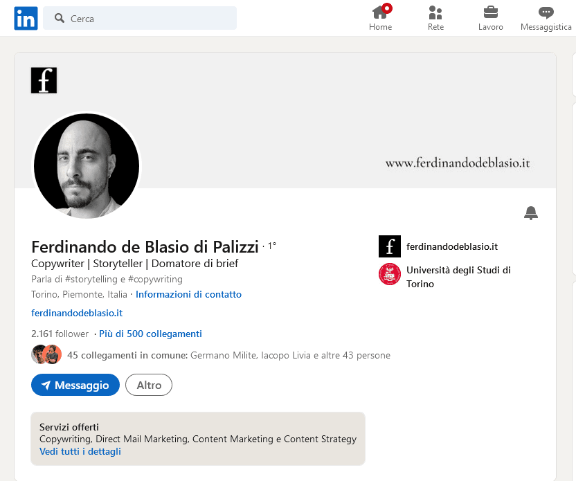 Pagina LinkedIn di ferdinando de Blasio di Palizzi