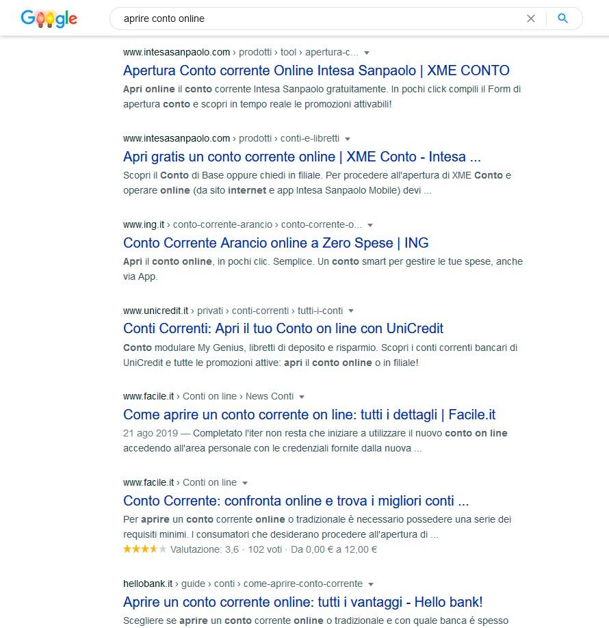 Aprire conto online risultati organici SEO