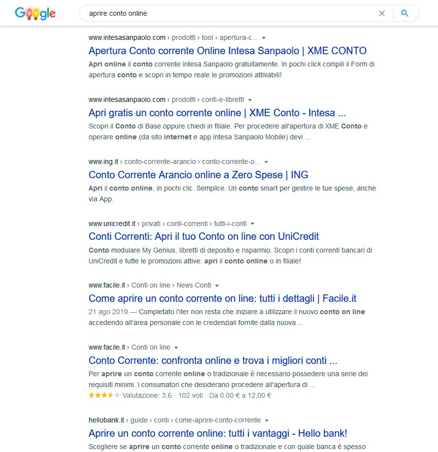  Aprire conto online risultati organici SEO