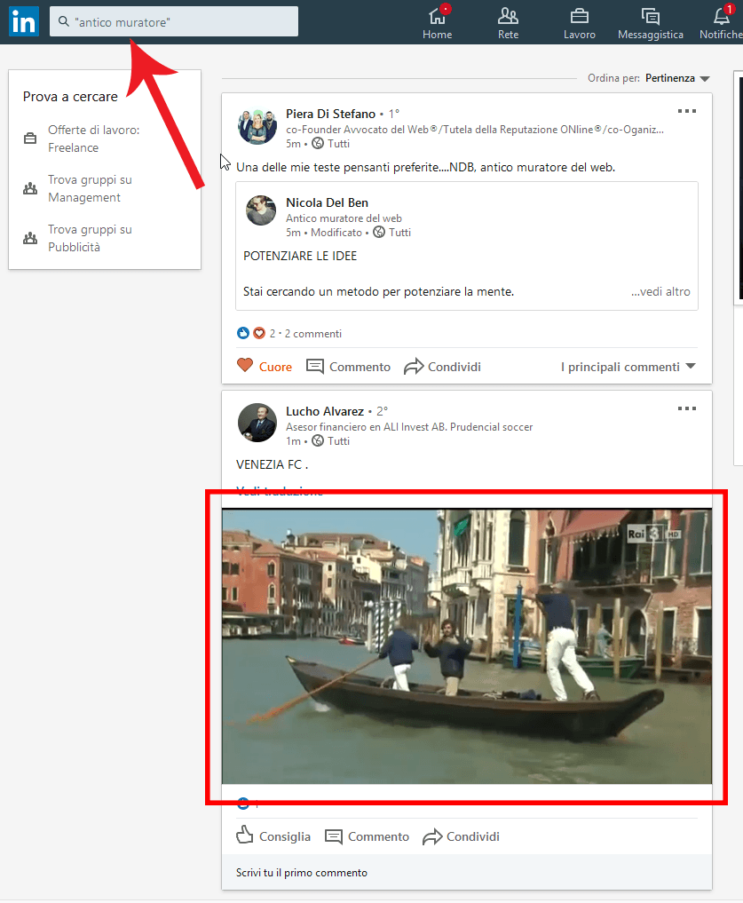 ricerca su LinkedIn della frase antico muratore del web