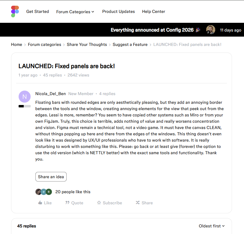 Il thread nel forum ufficiale Figma intitolato «LAUNCHED: Fixed panels are back!», con il post dell'utente Nicola_Del_Ben che chiede di abbandonare i pannelli flottanti e ripristinare quelli fissi: 45 risposte, 2642 visualizzazioni, 20 like, e il badge LAUNCHED con cui Figma segnala di averlo realizzato