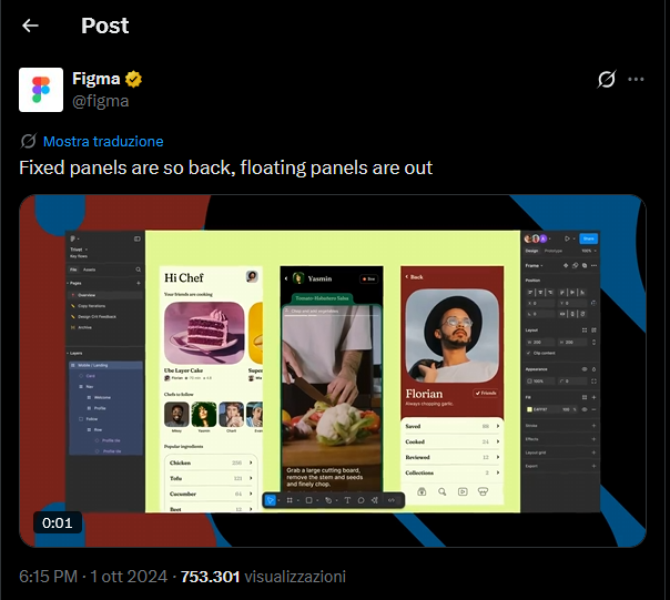 Il post di Figma su X del 1 ottobre 2024, «Fixed panels are so back, floating panels are out», che annuncia il ritorno dei pannelli fissi: 753.301 visualizzazioni