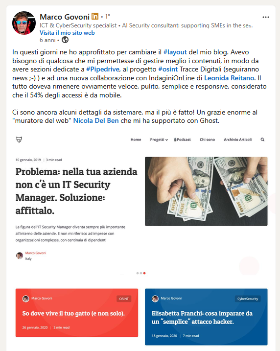Il post di Marco Govoni su LinkedIn in cui annuncia il nuovo layout del proprio blog, con le sezioni dedicate a Pipedrive e al progetto OSINT Tracce Digitali, e ringrazia Nicola Del Ben chiamandolo «muratore del web» per il supporto con Ghost; sotto, l'anteprima del blog rifatto